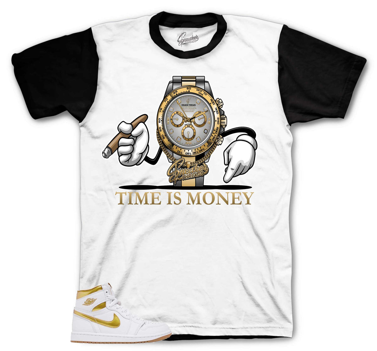Retro 1 White Metallic Gold Time is Money Tech Shirt