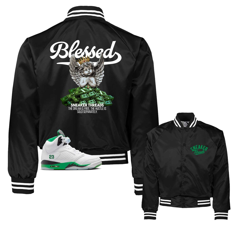 Retro 5 Lucky Green Blessed Angel Satin Jacket